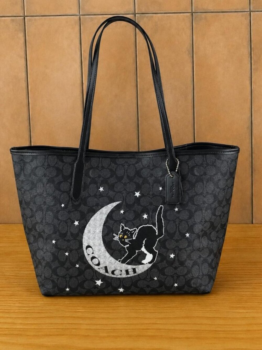 COACH City Tote in Signature Canvas with Halloween Cat & Moon Print